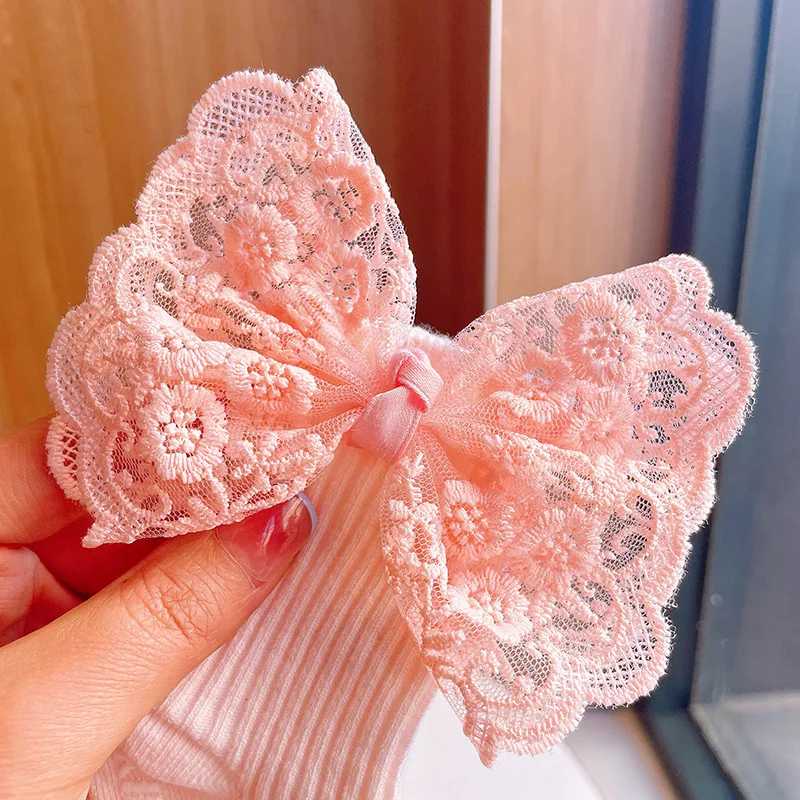 1set Infant Baby Sock Headband for Toddler White Pink Ruffle Bow Calf Sock for Newborn Lace Headband Cute Photograpjy Props