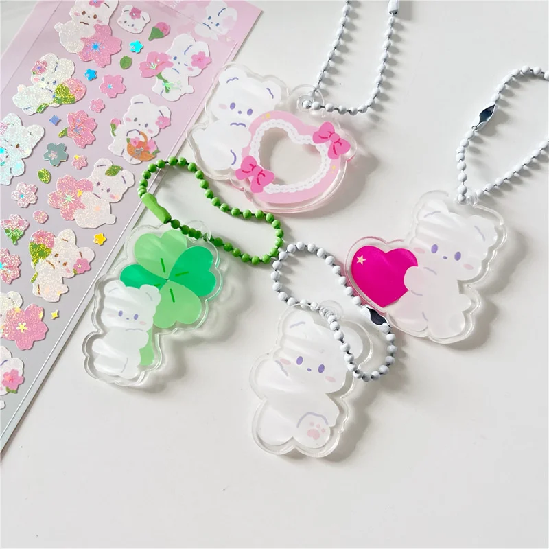 Cartoon Cute Four Leaf Grass Bear Keychain Toy Girl Kawaii Backpack Handbag Zipper Car Key Decorative Pendant Acrylic Ornaments