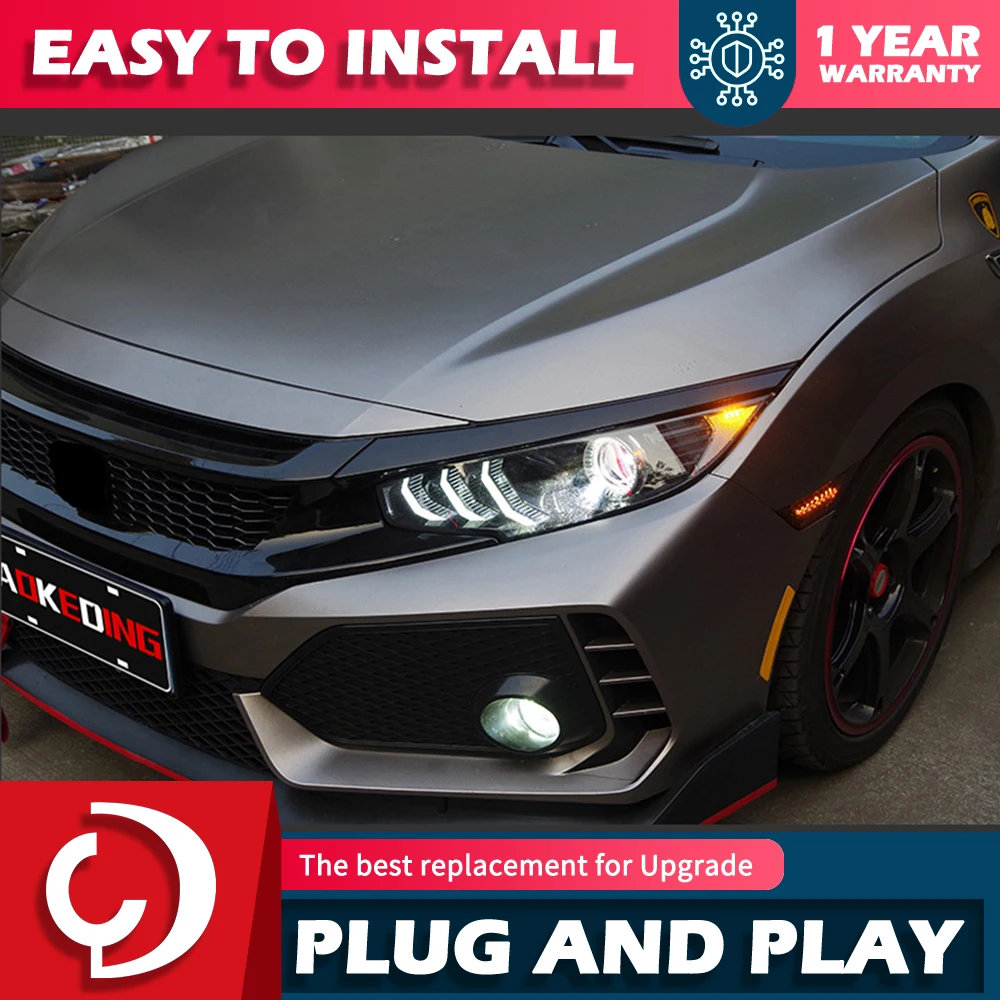 thumbnail image 2 of Pair Of Halogen Headlights With LED DRL For 2016-2020 Honda Civic - Electroplated Housing, Direct Fit 2 of 10