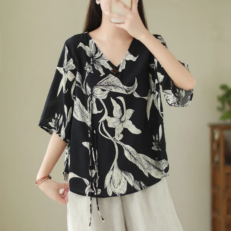 

2024 New Arrival Summer Women Loose Fit Casual Floral Print V-neck Short Sleeve Blouse Arts Style All-matched Shirts S145