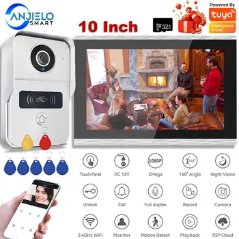 TUYA 1080P 10 인치 7 색 터치 스크린 무선 Wifi 비디오 초인종 RFID 액세스 제어 시스템을위한 스마트 앱 홈 인터콤 키트