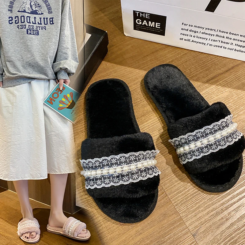 

2023 popular winter Korean version pearl flat bottomed home anti-skid and warm plush cotton slippers in multiple colors