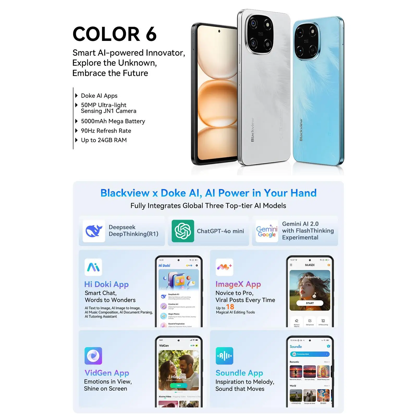 Blackview COLOR 6 Smartphone 6.67inch Display MTK G81 4GB/8GB+128GB 50MP Camera 5000mAh Battery Android 15 5G NFC OTG Cellphone