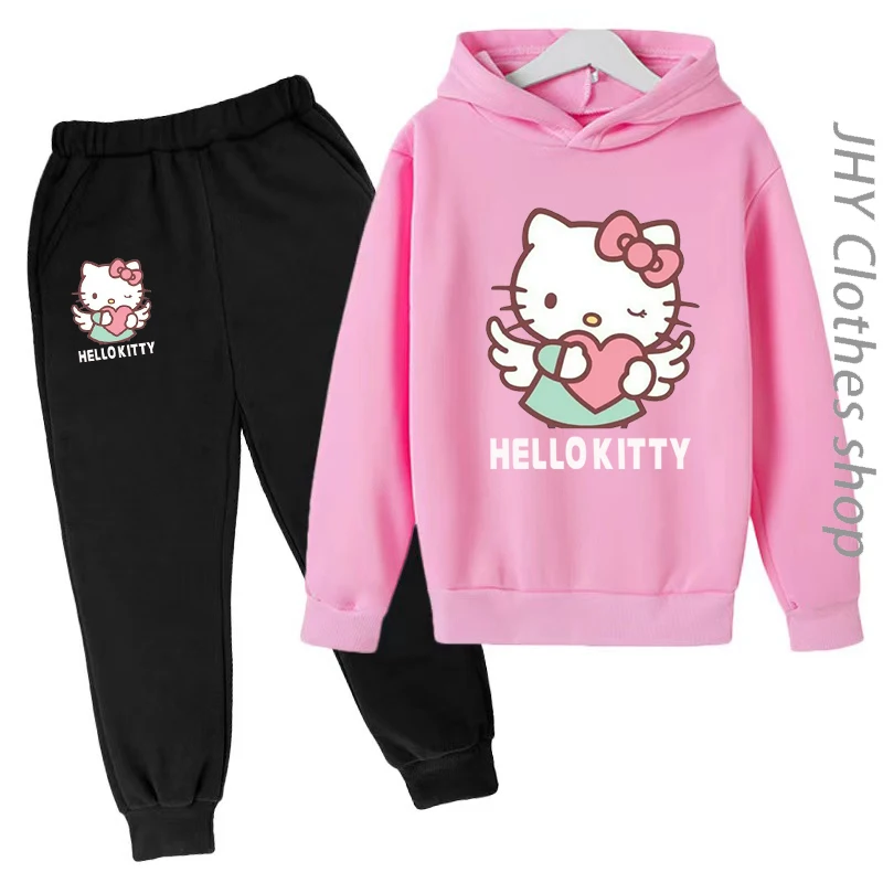 

New Sports Pullover Kawaii Sanrio Hello Kitty Cute Anime Hoodie Girl Coat+Pants 2P Boys 3-14Y Birthday Gift Casual Jogging Set