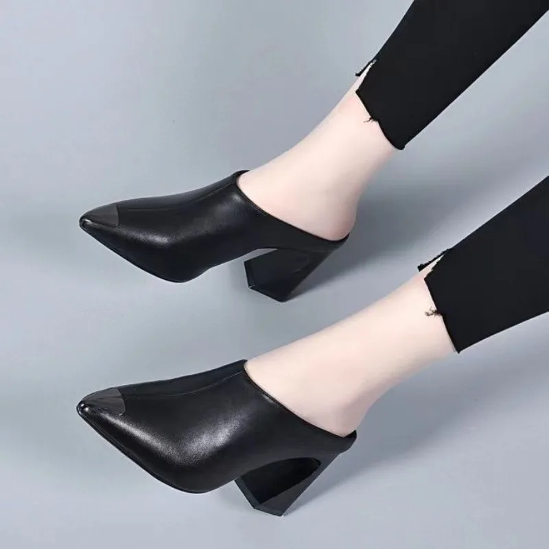 

Baotou Half Slippers Women Pointy Shoes 2024 New Summer Outwear Comfy Thick Heel Muller Slides Female Sexy Lazy High Heels Black