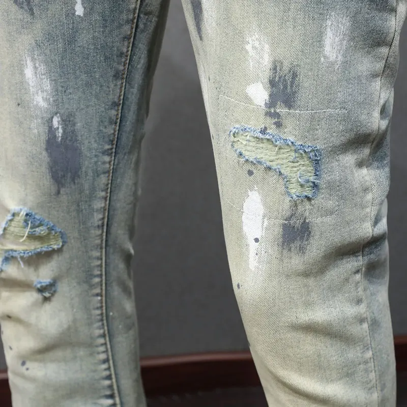 High Street Fashion Men Jeans Retro Washed Blue Stretch Skinny Fit Ripped Jeans Men Painted Designer Hip Hop Brand Pants Hombre