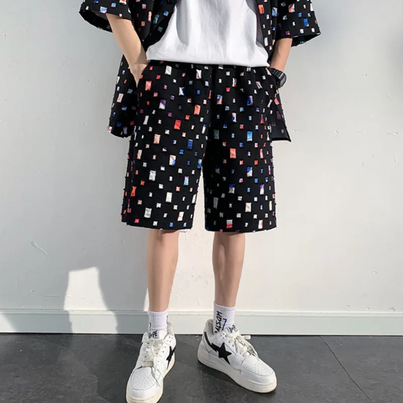 Summer Plaid Sets Men Fashion Short Sleeved Shirt/Shorts Two-piece Mens Streetwear Loose Hollow Out Set Mens Short Sets M-5XL 5