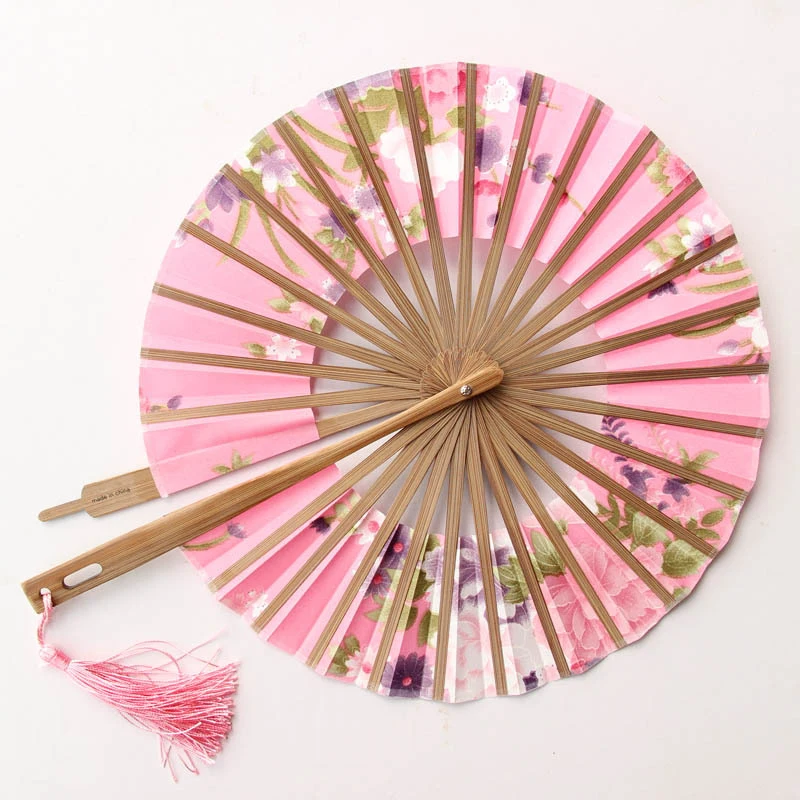 1pc Japanese Style Windmill Round Fans Bamboo Bone Folding Fans Sakura Silk Cloth Dance Fan Crafts Gift Grace Ink Flower folding fan,silk fans