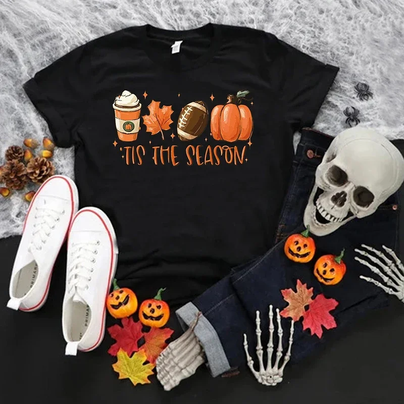 

Tis The Season Hot Coffee Printed Women Halloween T Shirt Pumpkin Graphic Tee Thanksgiving Festival Clothes Orange Tshirt Female