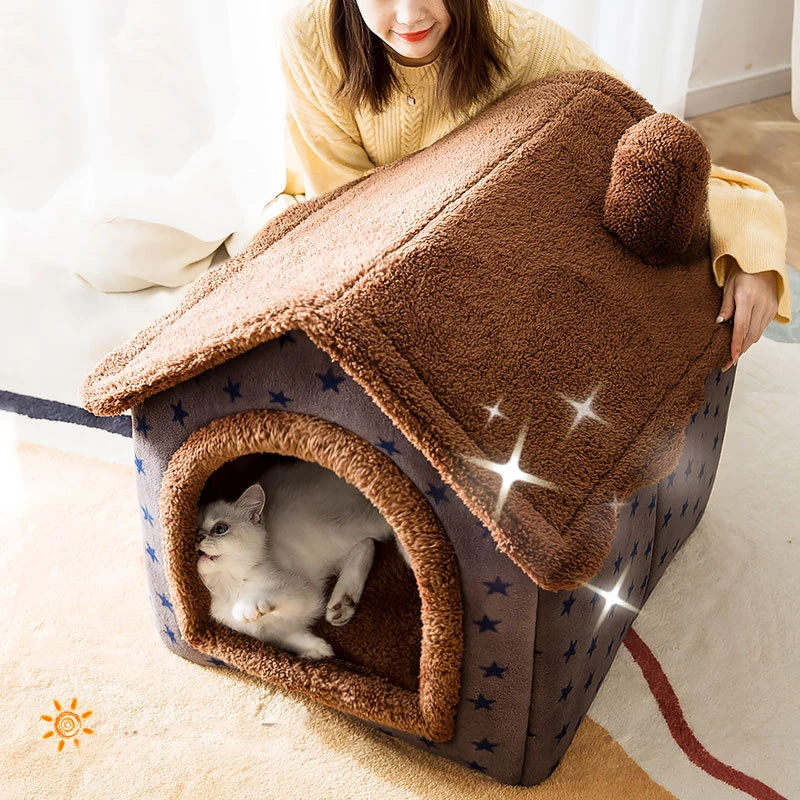 Cat Bed Sleep House Warm Cave Dog Kennel & Removable Cushion Pad Soft Indoor Enclosed Tent Huts Sofa for Pet Cats Kittens Puppy