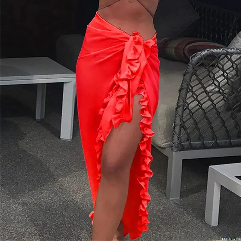 sexy swimsuit cover ups Women Chiffon See-Through Beach Bikini Cover Up Wrap Scarf Swimwear Pareo Sarong Dress Solid Ruffle Casual Beach Dress bikini cover