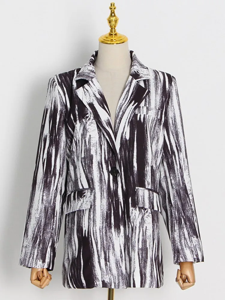 KBQ Striped Printing Hit Color Blazer For Women Notched Collar Long Sleeve Spliced Single Buttom Loose Blazers Female Clothing