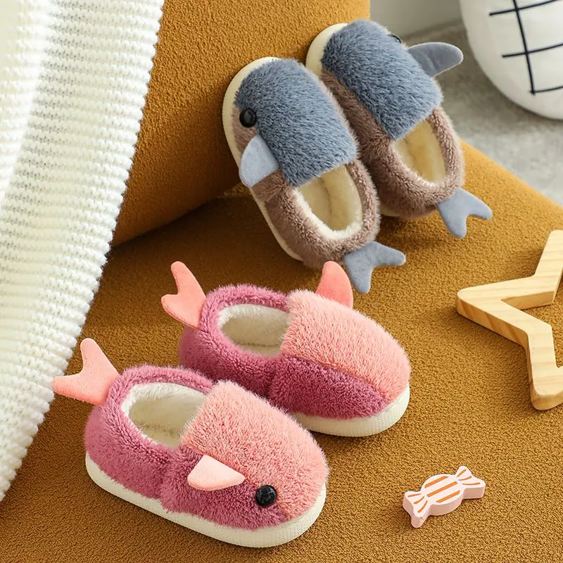 2022 winter house slippers for kids cute girl fluffy slippers boy cartoon whale warm baby toddler shoes casual non-slip slippers