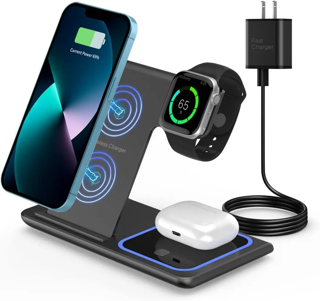 3 in 1 LED Fast Wireless Charger Stand Foldable Charging Station For iPhone 15 14 13 12 11 Apple Watch 9 8 7 6 5 Airpods Pro