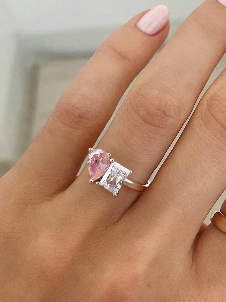 Ring aus 925er-Sterlingsilber mit funkelndem Wassertropfen und quadratischem Zirkon für Damen, Verlobung, Hochzeit, Luxus-Mode, hochwertiger edler Schmuck – Detail 3