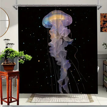 Tenda da doccia con meduse vibranti da 1 pezzo, design cielo stellato nero su meduse viola e arancioni luminose, tenda da doccia durevole 1