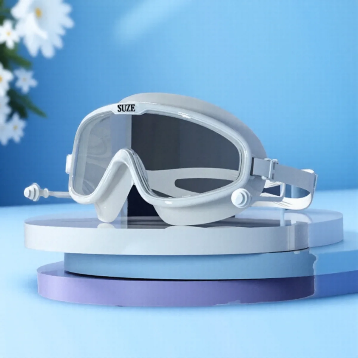 Lunettes de natation grand cadre fashion avec étui - Verres PC HD anti-buée, silicone doux, bouchons anti-glisse