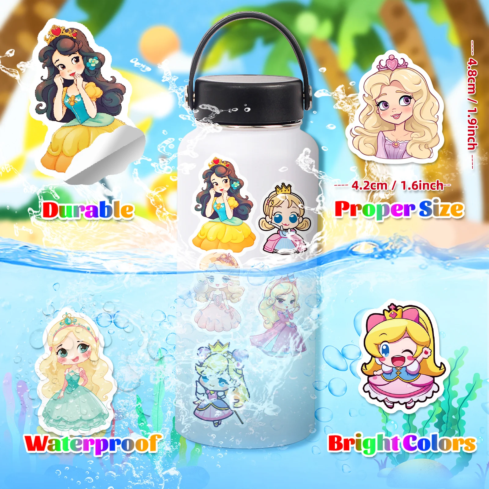 Princess Stickers For Water Bottles Vinyl Waterproof Cartoon