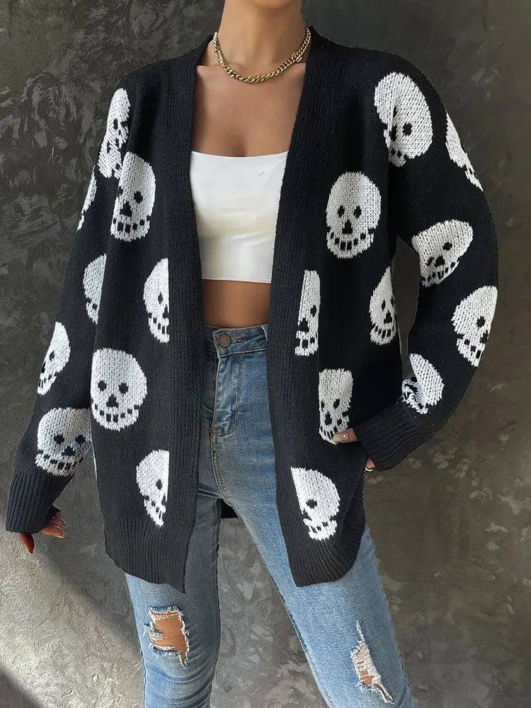 

Gothic Halloween Skull Jacquard Knitted Women's Sweater Autumn Warm V-neck Long Sleeve Cardigan Sweater 2023 Fashion Lady Jumper