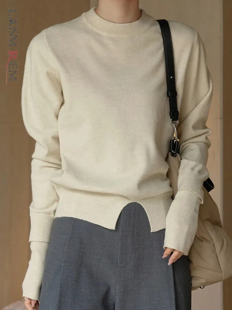

[LANMREM] Slim Split Woolen Sweater For Women Round Neck Long Sleeve Botoming Fashion Simplicity Tops Clothing 2023 Winter New