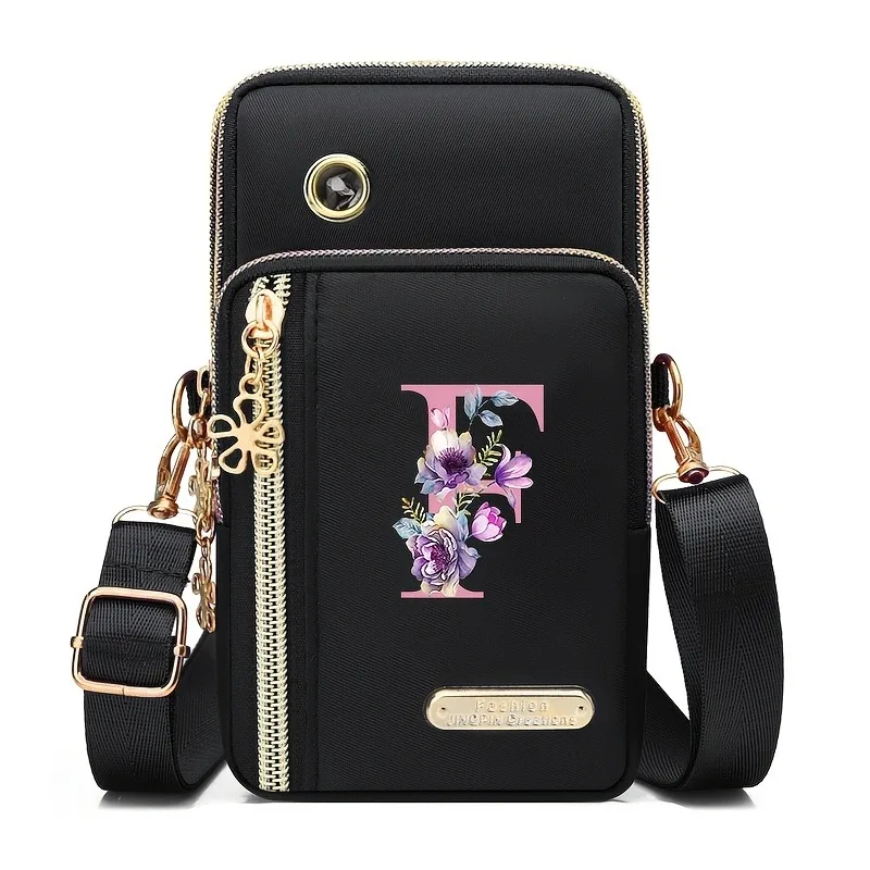 Floral Print Mobile Wallet with Zippered Card Organizer and Adjustable Strap