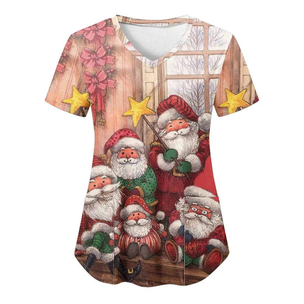 thumbnail image 1 of Uniforme de enfermera navideño para mujer, mono con cuello en V y manga corta con estampado de copos de nieve navideños, uniforme de trabajo médico para el cuidado de la salud, 1 of 5