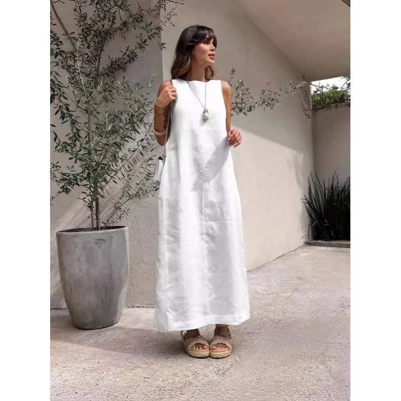 

GY25057Fashionable round Neck Sleeveless Slit Cotton and Linen Dress2024New Spring and SummerGzgy