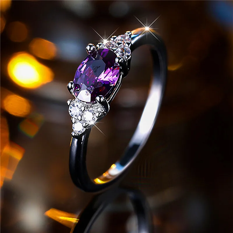 Luxury Female Purple Oval Zircon Stone Engagement Ring Trendy Silver Color Bride Wedding Jewelry Gift For Women