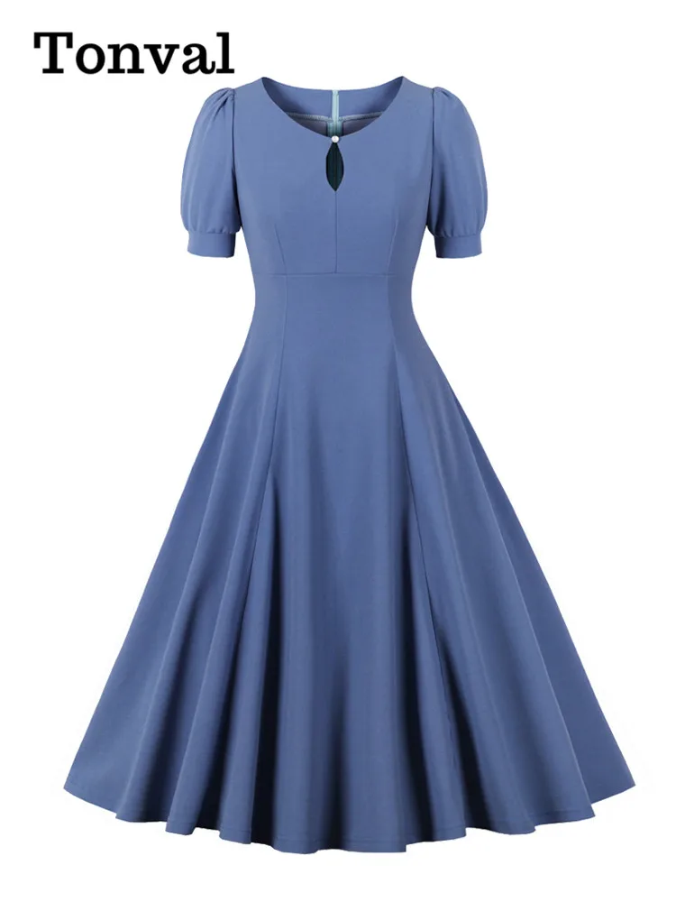 knee length dresses for ladies Women's Crewneck Long Sleeve High Waist Midi Swing Dress with Pockets main image 0
