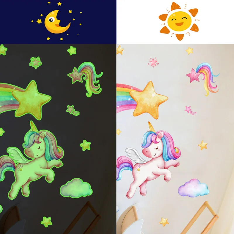 Stars Shine In The Dark Wall Stickers Rainbow Unicorn Phosphorescent Fluorescent Night Light For Baby Bedroom