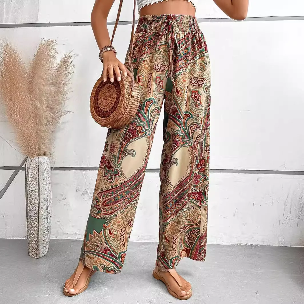 

Women's Thigh Pants Flower 2024 Summer New Fashionable Retro Patterns Print Elastic Waist Wide Leg Casual Beach Holiday Trousers