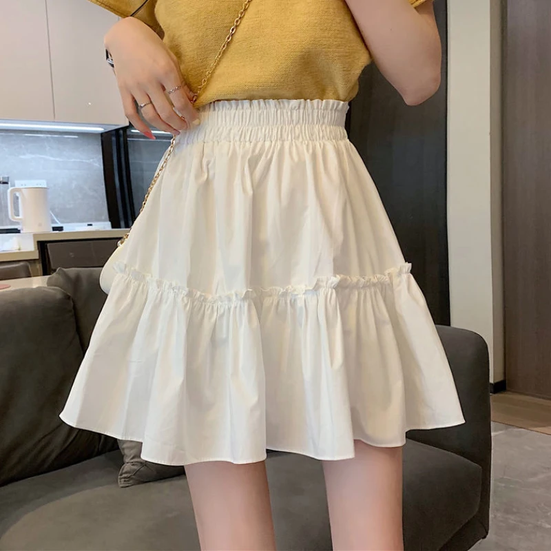 JMPRS Elegant White Women Mini Skirt Elastic High Waist A Line Fashion Ruffles Student Skirts Summer Black Casual Ladies Skirts pleated midi skirt