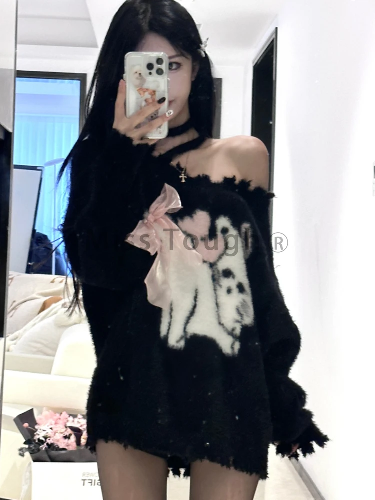 Autumn Kawaii Knitted Pullovers Women Print Sweet Loose Knitted Sweater Female Warm Korean Fashion Casual Pullover Tops 2023