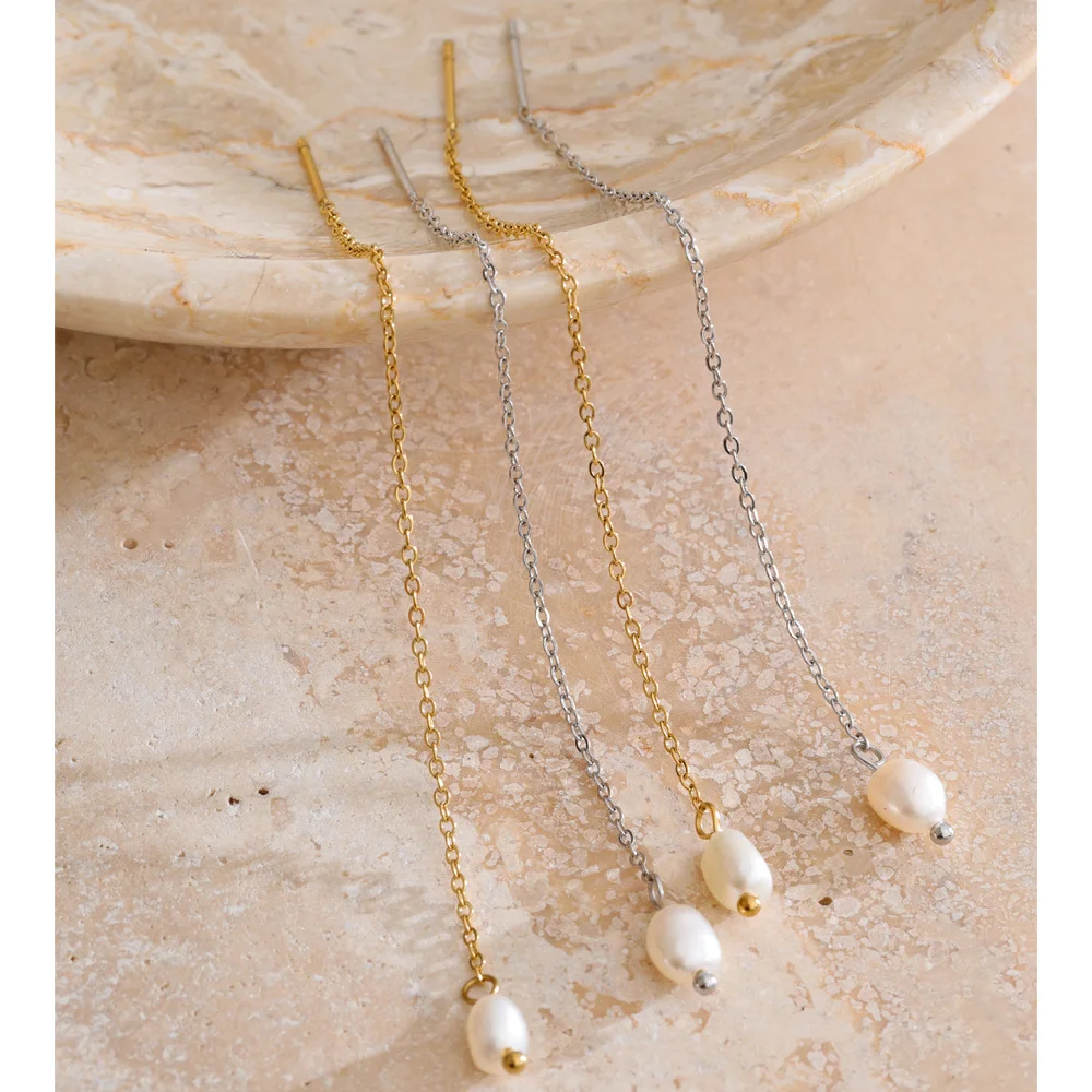 Yhpup Earrings Stainless Steel Natural Pearls Long Hanging