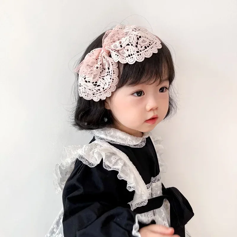 Cute Kawaii Big Bow Solid Color Scrunchie Hair Hoop for Baby Girls French Vintage Lace Tie Bands Lolita Headband Accessories
