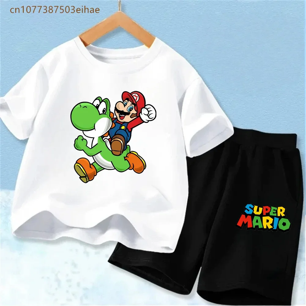 슈퍼 마리오 프린트 키즈 트레이닝복 세트 면 반팔 티셔츠 & 루즈핏 반바지 2종 캐주얼 의상 (남아, 여아 3-12세)