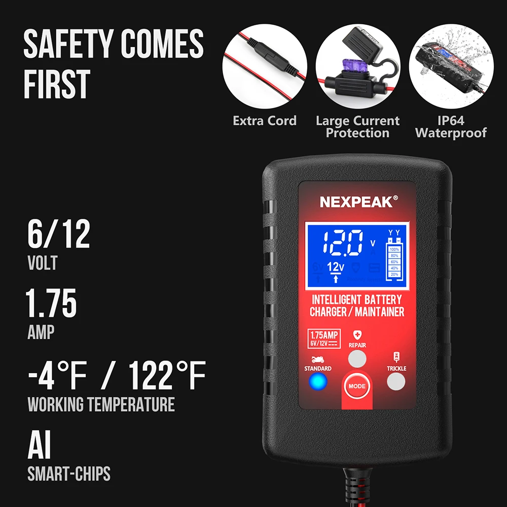 10-Amp 12V Car Battery Charger, 24 Volt 5A NEXPEAK Fully-Automatic Battery  Charger/Maintainer Trickle Charger with LCD Screen Pulse Repair Charger