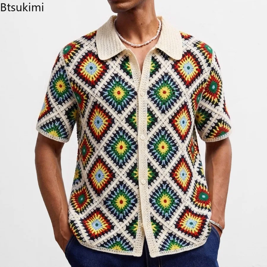 Nuove Polo da Uomo 2026 in Maglia Colorata a Quadri Stile Etnico, Cardigan Estivi Casual a Maniche Corte, Top Lavorati a Maglia da Uomo