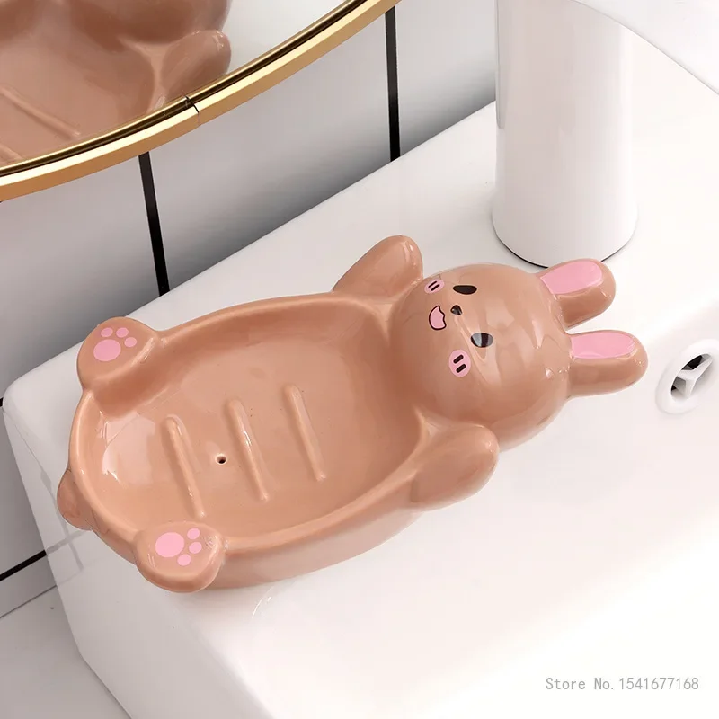 Cute Bunny Shaped Ceramic Drain Soap Box, Creative Light, Luxury, Kitchen, Bathroom Accessories, Soap Dish Storage Box, 1Pc
