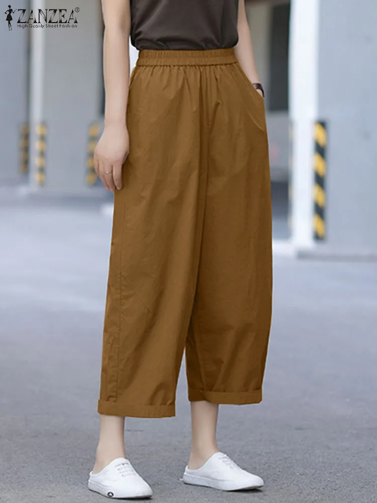 

ZANZEA 2024 Summer Elastic Waist Pant Women Long Pants Casual Loose Straight Wide Leg Trouser Elegant Solid Pocket Work Pantalon