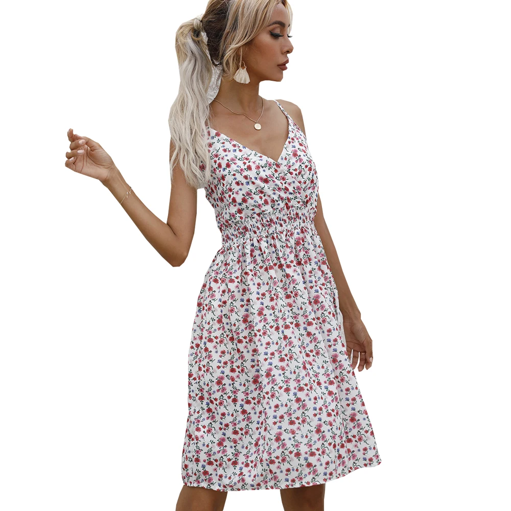 

Holiday beach v neck women floral dress Spaghetti straps high waist female long dress Spring summer ladies dresses