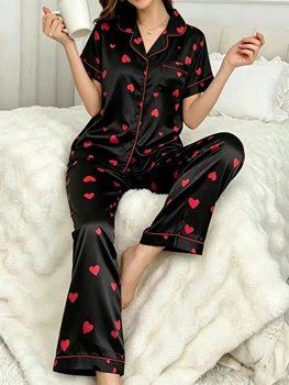 Women's Satin Silk Pajama Set Black Red Heart Print Short Sleeve Long Pants 2 Piece Loungewear Button Down Sleepwear 1