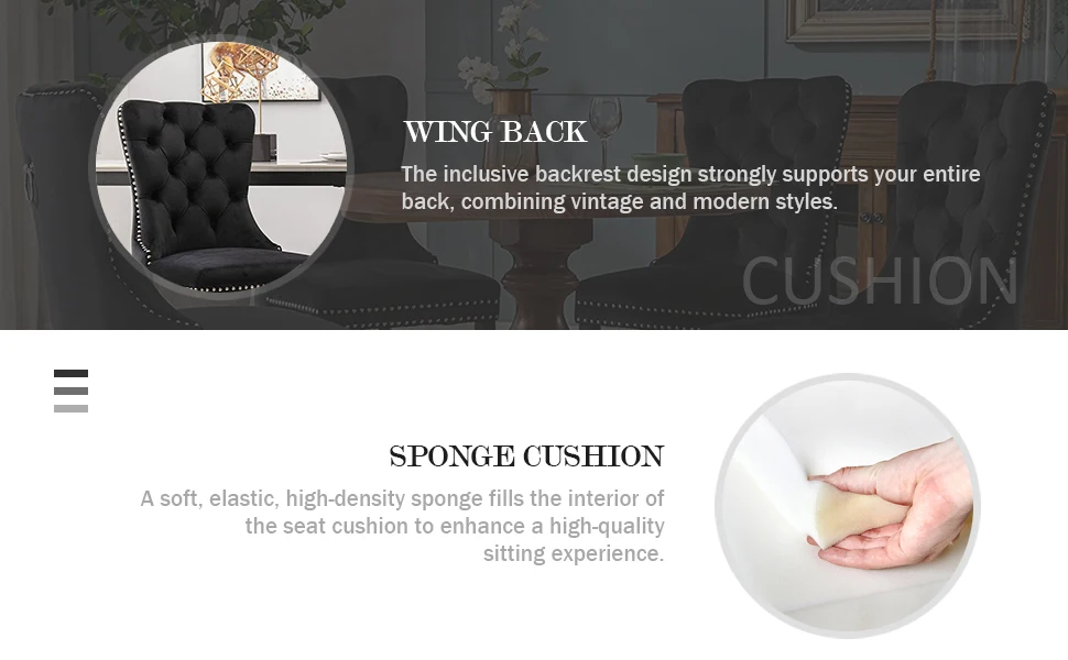 Description Picture 3 of itemVelvet Dining Chairs Set of 6, Tufted Chairs with Nailhead Ring Pull Trim, Upholstered Dining Chairs with Solid Wood Legs(Black)