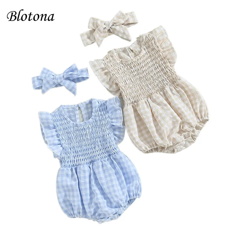 

Blotona Newest Baby Girls Summer Casual Romper Short Ruffled Fly Sleeve Crewneck Plaid Playsuit with Headband 0-18Months