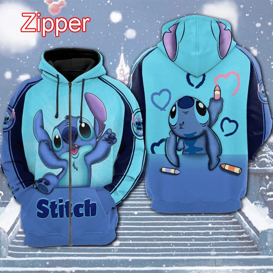 Stitch Cartoon Anime Men Zip Up Hoodie 2024 New Fashion Cool Women Oversized Sweatshirt Spring Autumn Children Clothing Coat
