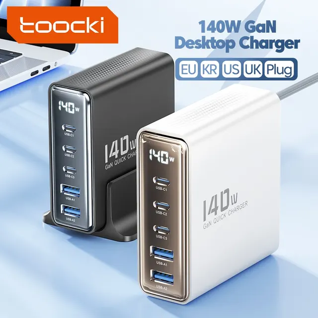 Toocki 140W GaN USB Charger 5in1 Desktop Fast Charge USB Type C Charger LED Display Charger For iPhone Xiaomi Smartphone Laptop 1