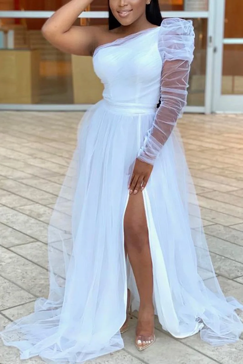 

2022 Summer Women Slash Neck Mesh Dresses Charming High Waist One Sleeve See-through Slit Floor-length Gown Dress