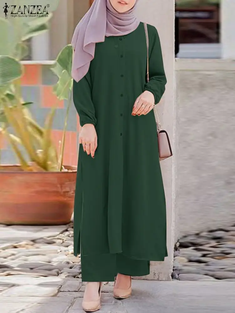 

ZANZEA Fashion Muslim Suit Vintage Loose Urban Tracksuit 2PCS Solid Long Sleeve Blouse Wide Leg Pant Women Eid Mubarek Outifits