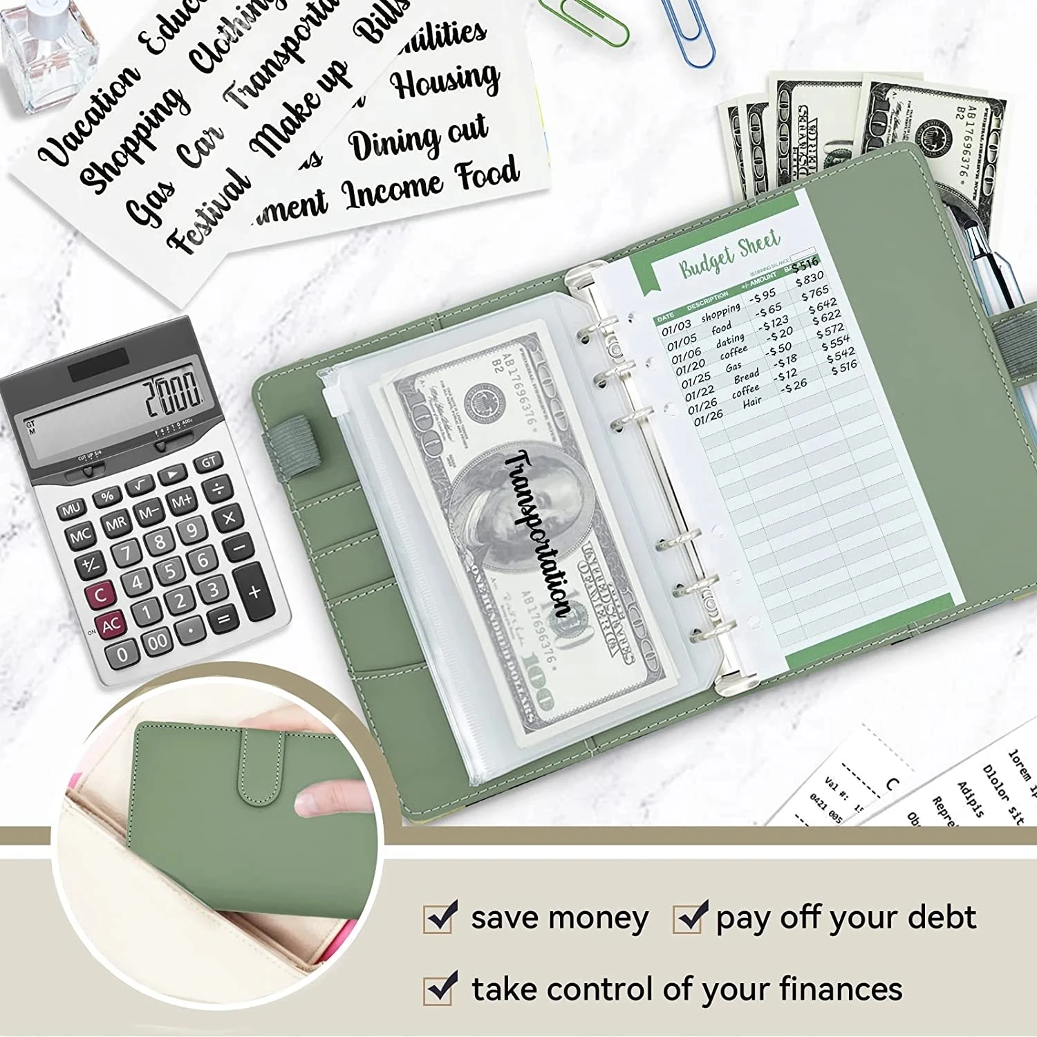 Premium A6 PU Leather Budget Binder with Cash Envelopes and Bill Organizer