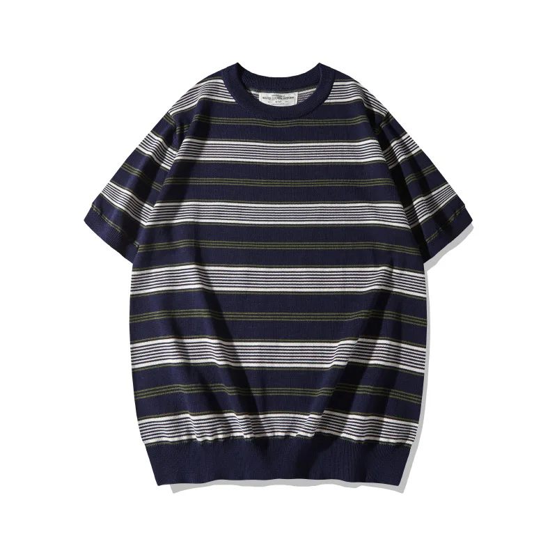 OKONKWO New Thick and Heavy Knitted Stripe T-shirt with Round Neck and Inter Strip Knitted Tee Outdoor Ball Game Golf Sports Top